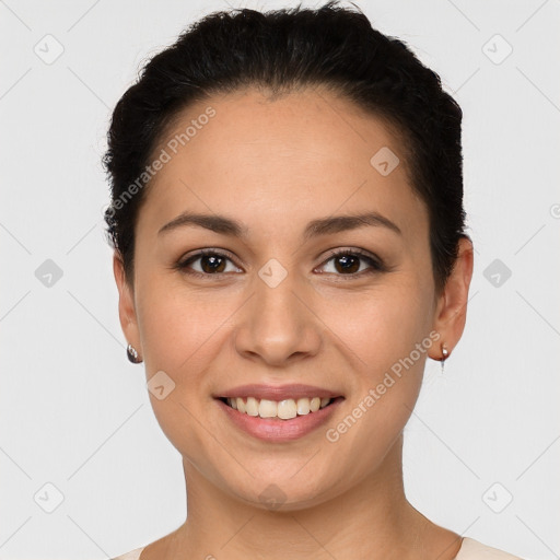 Joyful white young-adult female with short  brown hair and brown eyes