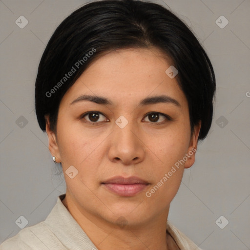 Joyful asian young-adult female with short  black hair and brown eyes