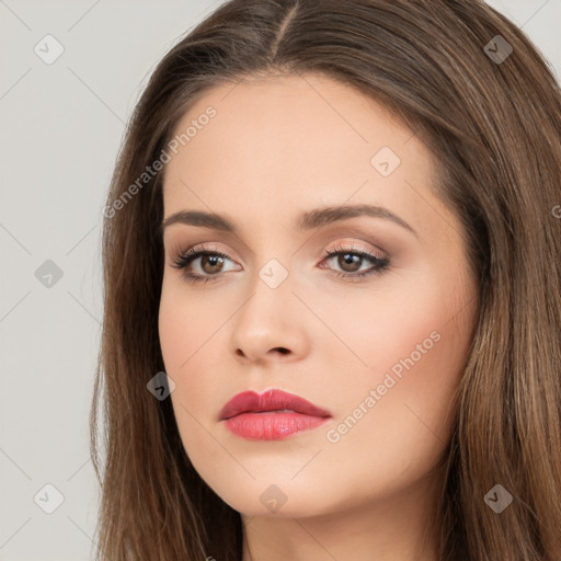 Neutral white young-adult female with long  brown hair and brown eyes