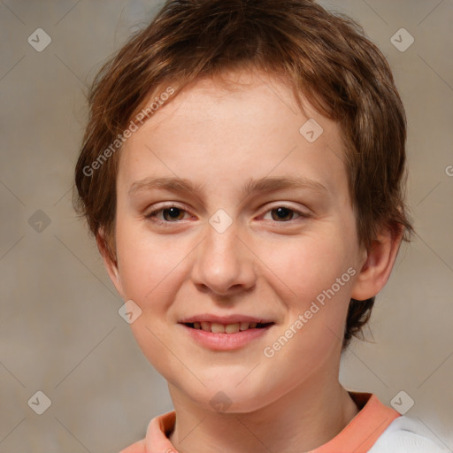 Joyful white child female with medium  brown hair and brown eyes