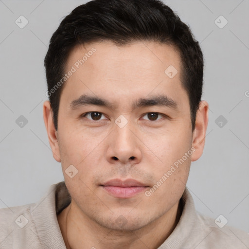 Neutral asian young-adult male with short  brown hair and brown eyes