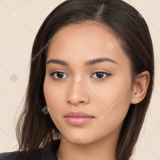 Neutral white young-adult female with long  brown hair and brown eyes