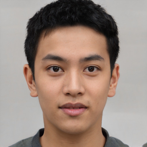 Neutral asian young-adult male with short  black hair and brown eyes