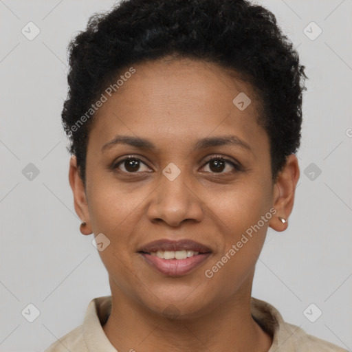 Joyful black young-adult female with short  brown hair and brown eyes