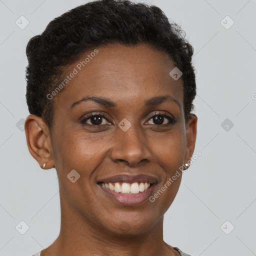 Joyful black young-adult female with short  brown hair and brown eyes