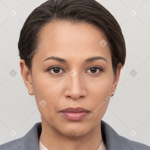 Neutral white young-adult female with short  brown hair and brown eyes