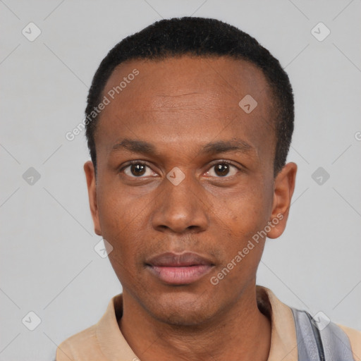 Neutral black young-adult male with short  black hair and brown eyes