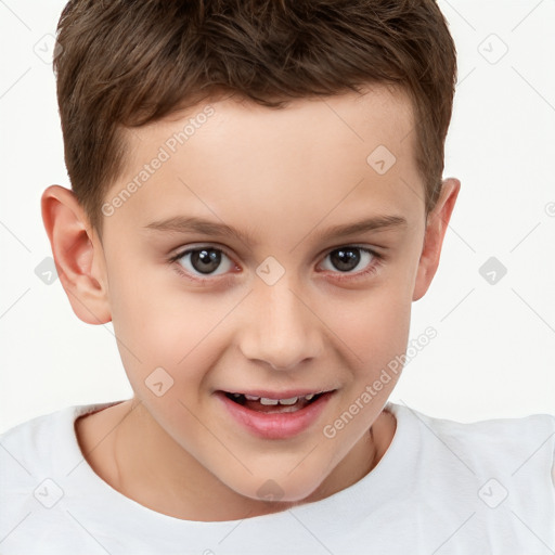 Joyful white child male with short  brown hair and brown eyes