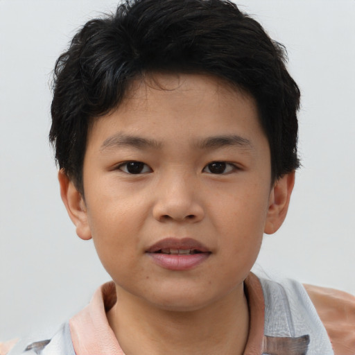 Joyful asian child male with short  brown hair and brown eyes