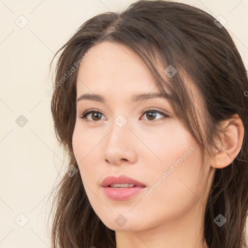 Neutral asian young-adult female with medium  brown hair and brown eyes