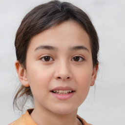 Joyful white child female with medium  brown hair and brown eyes