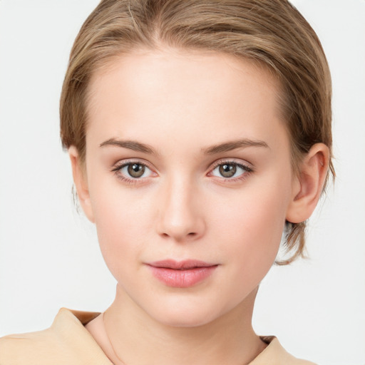 Neutral white young-adult female with medium  brown hair and grey eyes