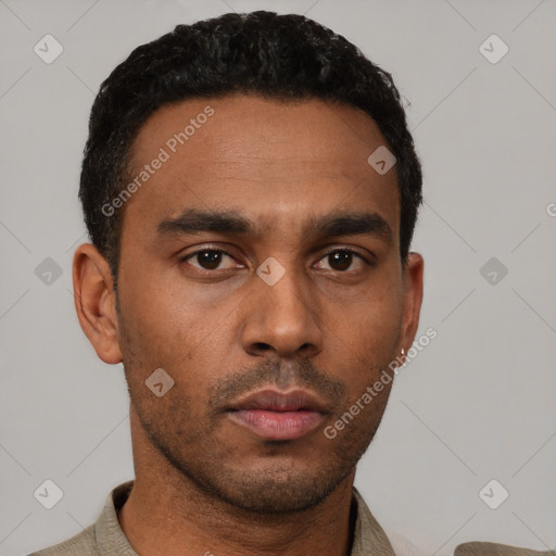 Neutral latino young-adult male with short  black hair and brown eyes