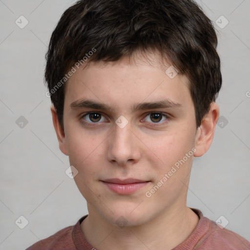 Neutral white young-adult male with short  brown hair and grey eyes