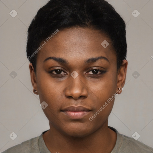 Neutral black young-adult female with short  black hair and brown eyes