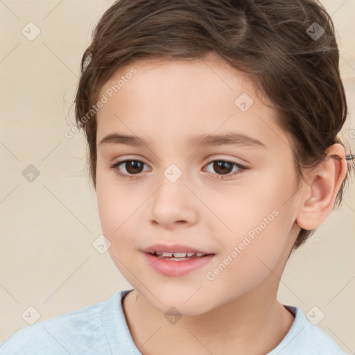 Joyful white child female with medium  brown hair and brown eyes