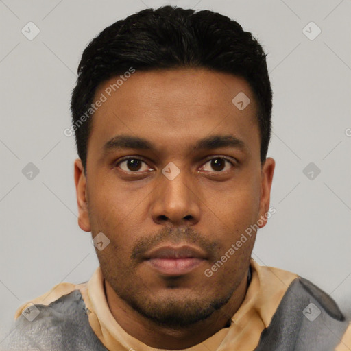 Neutral latino young-adult male with short  black hair and brown eyes