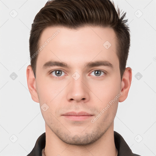 Neutral white young-adult male with short  brown hair and brown eyes