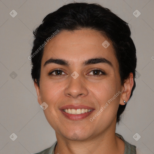 Joyful white young-adult female with short  brown hair and brown eyes