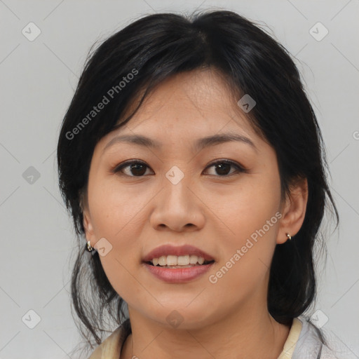 Joyful asian young-adult female with medium  brown hair and brown eyes