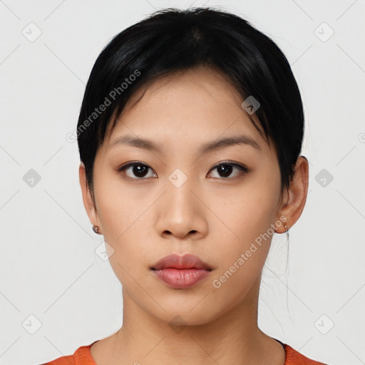 Neutral asian young-adult female with short  black hair and brown eyes