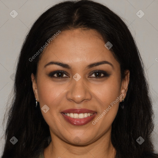 Joyful latino young-adult female with long  brown hair and brown eyes