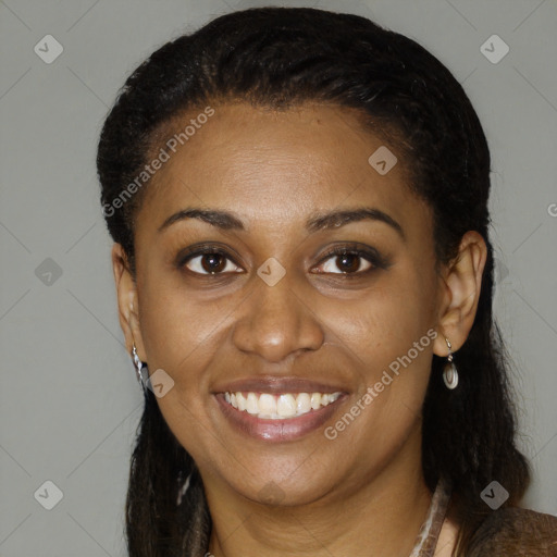 Joyful latino young-adult female with medium  black hair and brown eyes