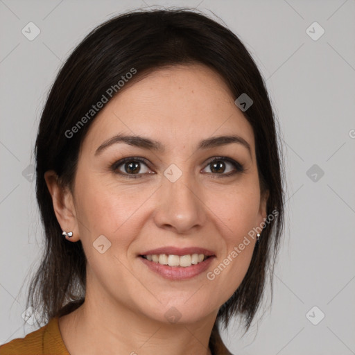 Joyful white young-adult female with medium  brown hair and brown eyes