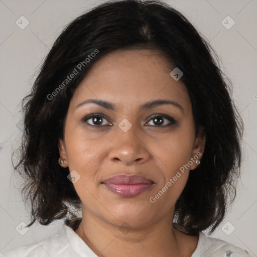 Joyful black young-adult female with medium  brown hair and brown eyes