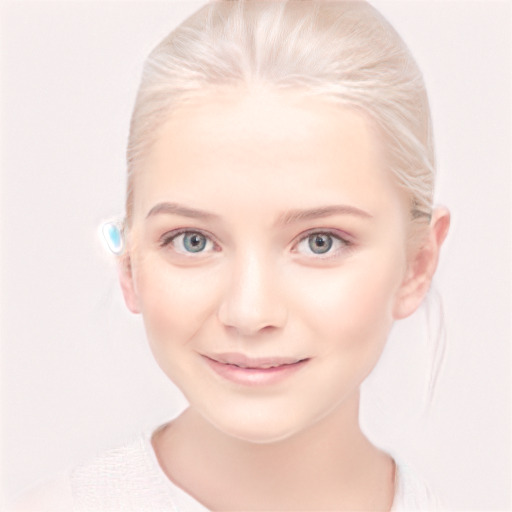 Joyful white young-adult female with medium  blond hair and blue eyes