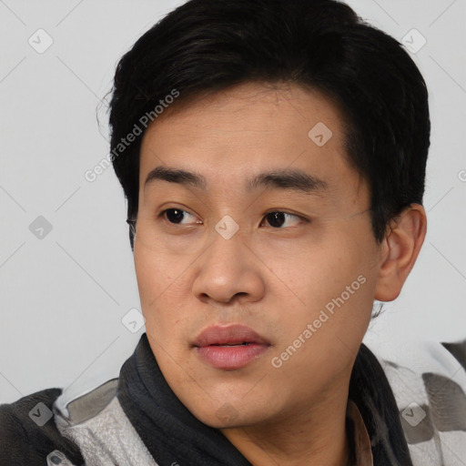 Neutral asian young-adult male with short  black hair and brown eyes
