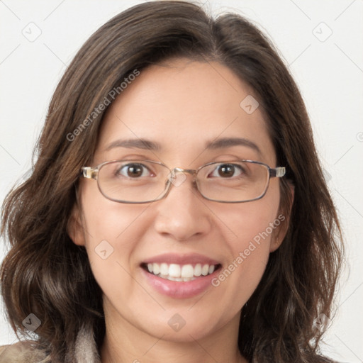 Joyful white young-adult female with medium  brown hair and green eyes