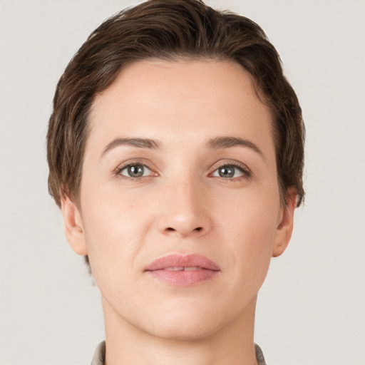 Neutral white young-adult female with short  brown hair and brown eyes