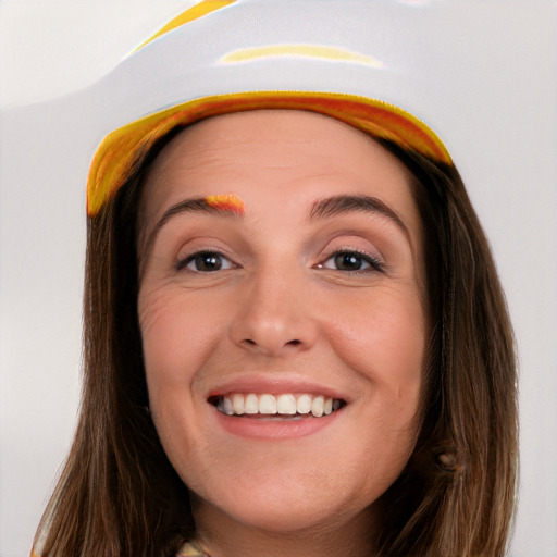 Joyful white young-adult female with long  brown hair and blue eyes