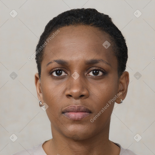 Neutral black young-adult female with short  black hair and brown eyes