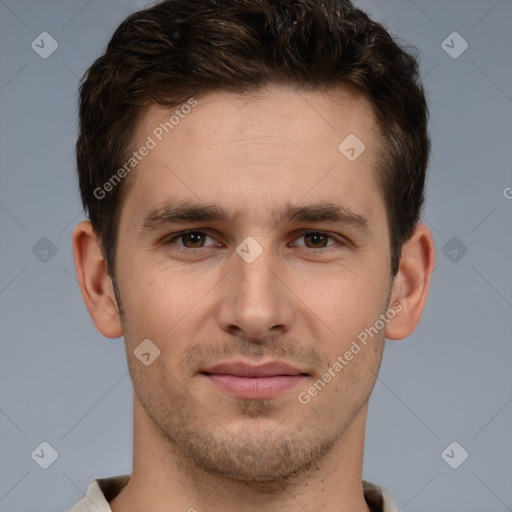 Joyful white young-adult male with short  brown hair and brown eyes