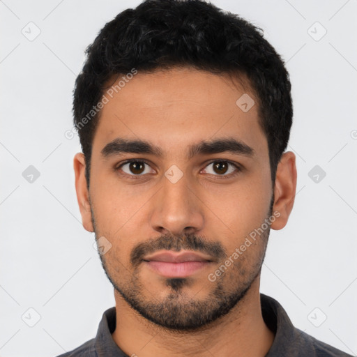 Neutral latino young-adult male with short  black hair and brown eyes