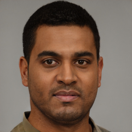 Neutral black young-adult male with short  brown hair and brown eyes