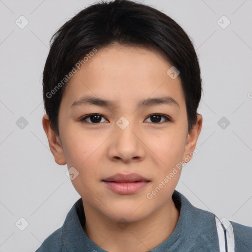 Neutral asian young-adult female with short  brown hair and brown eyes