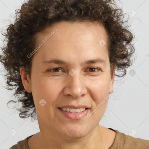 Joyful white young-adult male with medium  brown hair and brown eyes