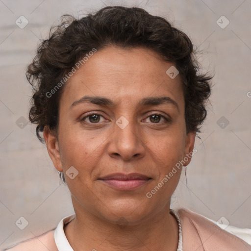 Joyful white adult female with short  brown hair and brown eyes