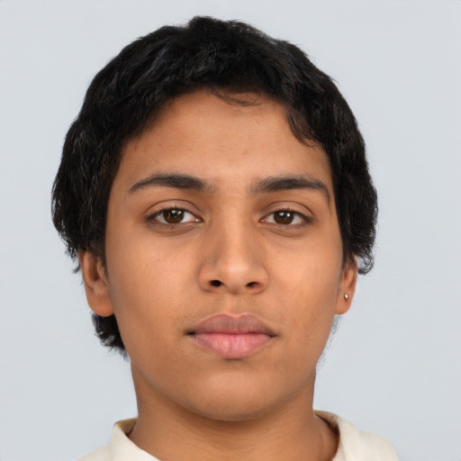 Neutral latino young-adult female with short  brown hair and brown eyes