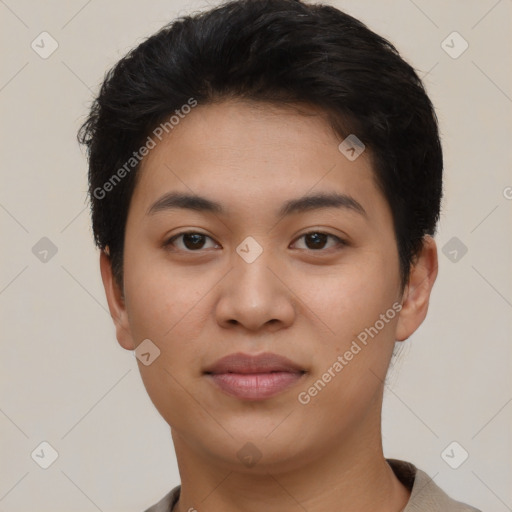 Joyful latino young-adult female with short  black hair and brown eyes