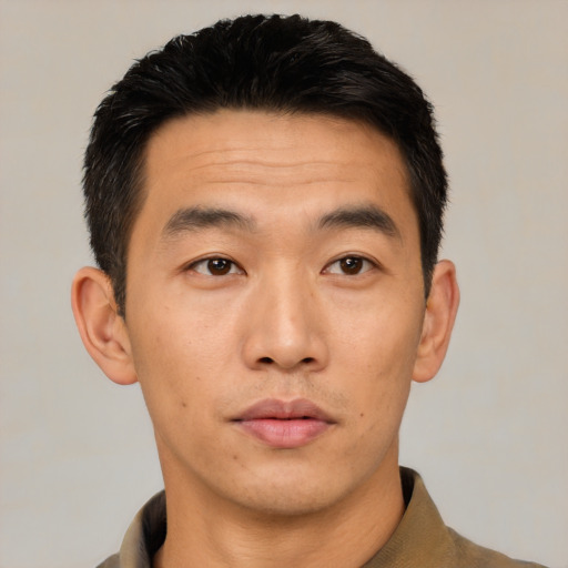Neutral asian young-adult male with short  black hair and brown eyes