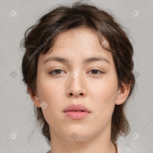 Neutral white young-adult female with medium  brown hair and brown eyes