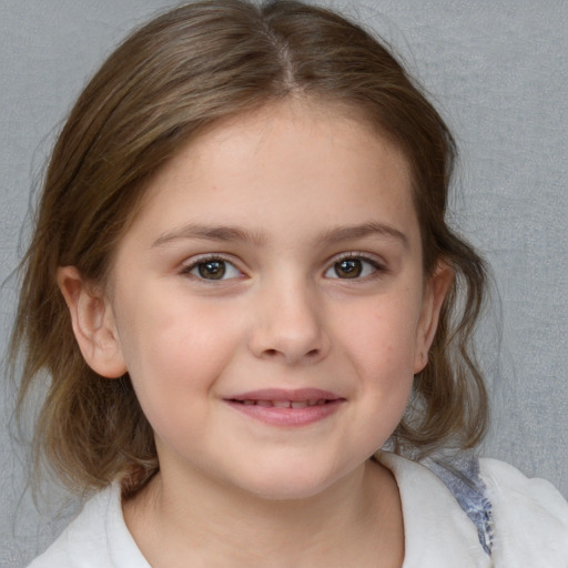 Joyful white child female with medium  brown hair and blue eyes