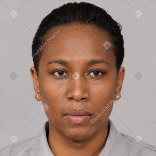 Neutral black young-adult female with short  black hair and brown eyes