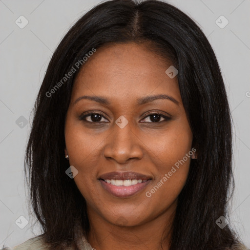 Joyful asian young-adult female with long  brown hair and brown eyes