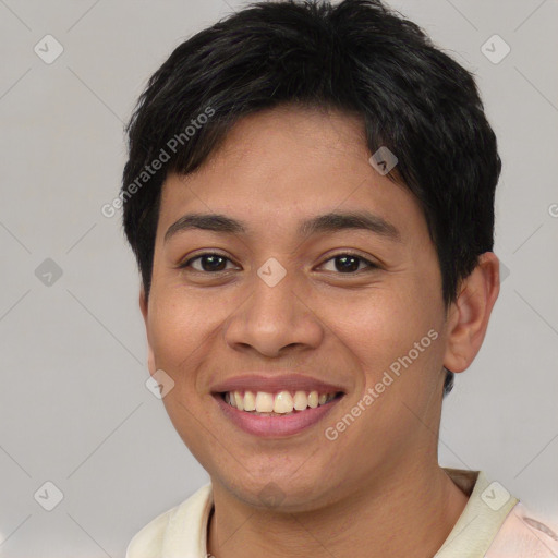 Joyful asian young-adult female with short  brown hair and brown eyes