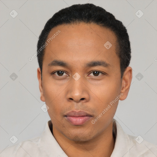 Neutral asian young-adult male with short  black hair and brown eyes